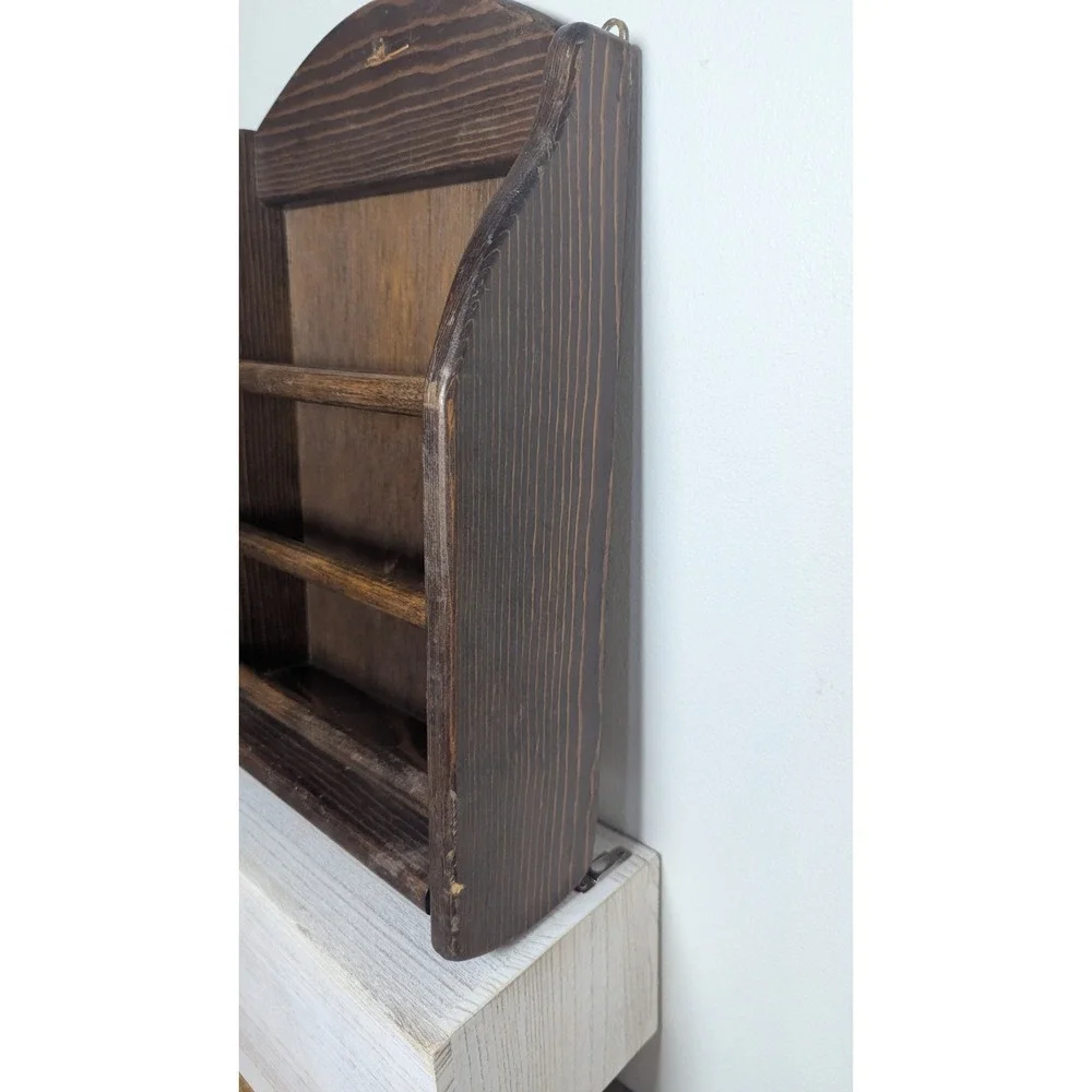Rustic Dark Brown Wood Wall Mount Magazine Rack Arched Top Display 3 Spindle 15